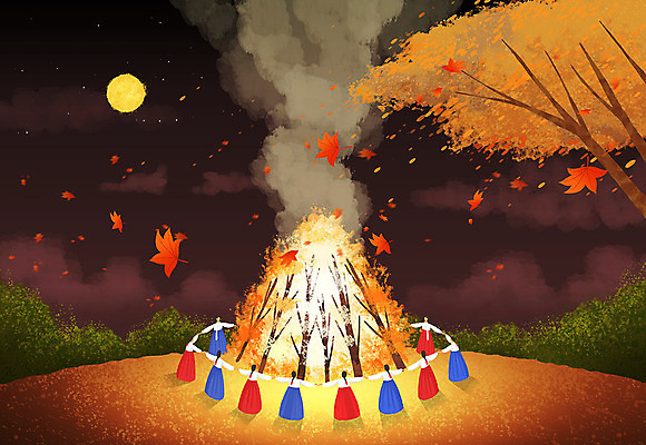 전신 PSD 나무 여자 명절 단풍 낙엽 일러스트 밤하늘 단풍나무 불 여러명 추석 보름달 달 가을 연기 한복 강강술래 여자만 국내일러스트 자연요소 식물 한국전통 전통 계절 기념일 다수 잎 하늘 사람 전통놀이 야간 전통의상 파일형식