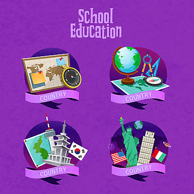 교육 지도 일러스트 사람없음 지구본 라벨 보라색 미국 이탈리아 사회 나침반 남산타워 다보탑 석가탑 에듀 에듀케이션 스쿨팩 국내일러스트 AI파일 유럽 컬러 북아메리카 프레임 석탑 남산 불국사 공동체 파일형식 벡터