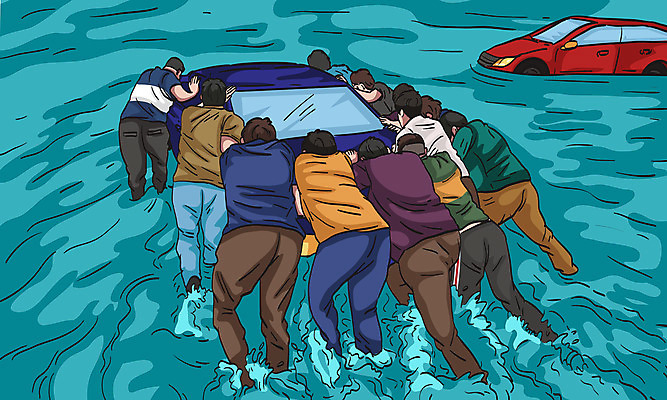 전신 남자 일러스트 자동차 사람 여러명 성인 물 밀기 홍수 장마 복구 복원 수해복구 성인남자만 국내일러스트 AI파일 자연요소 육상교통 다수 모션 비_날씨 자연재해 남자만 성인만 파일형식 벡터