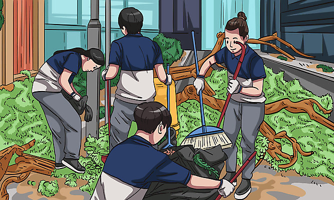 전신 나무 여자 남자 일러스트 들기 사람 여러명 상반신 성인 손상 나뭇가지 빗자루 청소 장마 쓰레기봉투 복구 복원 수해복구 치우기 성인만 국내일러스트 AI파일 식물 다수 컨셉 모션 봉투 비_날씨 청소도구 파일형식 벡터