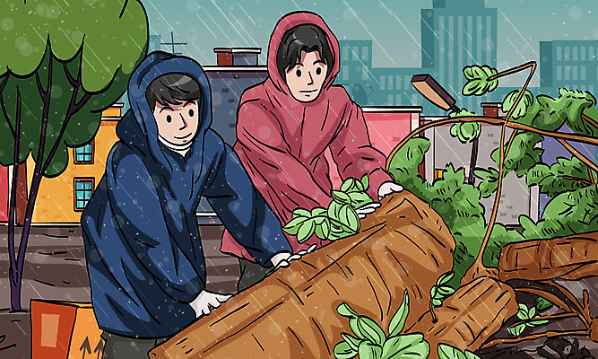 나무 남자 일러스트 사람 상반신 성인 두명 건물 나뭇가지 비 청소 우비 장마 복구 복원 수해복구 치우기 성인남자만 국내일러스트 AI파일 자연요소 식물 건축물 옷 모션 날씨 비_날씨 남자만 성인만 파일형식 벡터