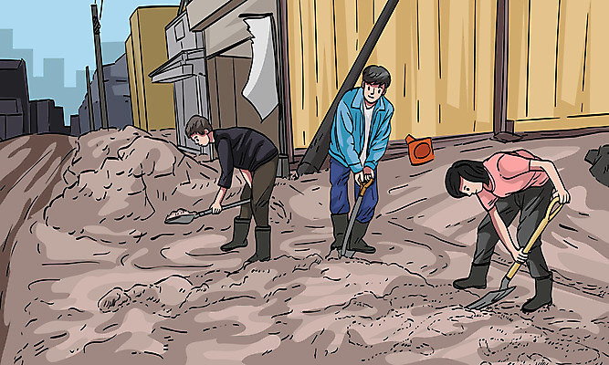 전신 여자 남자 일러스트 거리 들기 사람 성인 건물 세명 잡기 청소 삽 장마 복구 복원 수해복구 칼라콘 토사 성인만 국내일러스트 AI파일 건축물 모래 모션 흙 비_날씨 안전장비 파일형식 벡터