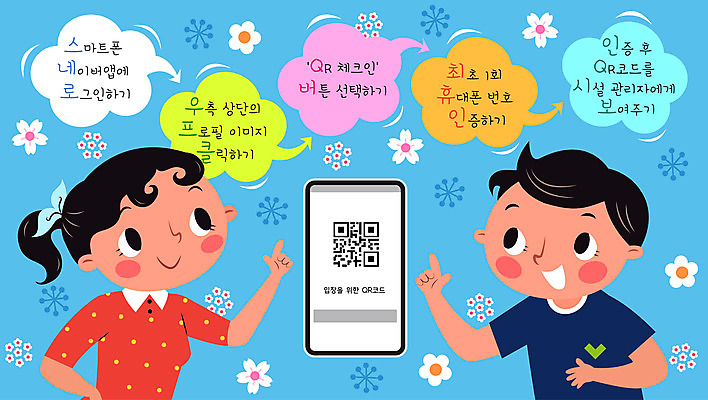 여자 남자 말풍선 일러스트 마스크 상반신 두명 파란색 스마트폰 사회이슈 QR코드 코로나바이러스 전자출입명부 델타변이바이러스 국내일러스트 AI파일 컬러 컨셉 사람 핸드폰 스마트기기 바이러스 개인정보 파일형식 벡터