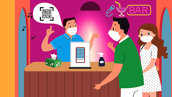 여자 남자 말풍선 일러스트 마스크 상반신 성인 세명 스마트폰 칵테일 바 화장지 사회이슈 마이크 네온 QR코드 소독제 성인만 코로나바이러스 전자출입명부 델타변이바이러스 국내일러스트 AI파일 음향기기 컨셉 주류 사람 핸드폰 스마트기기 바이러스 개인정보 파일형식 벡터