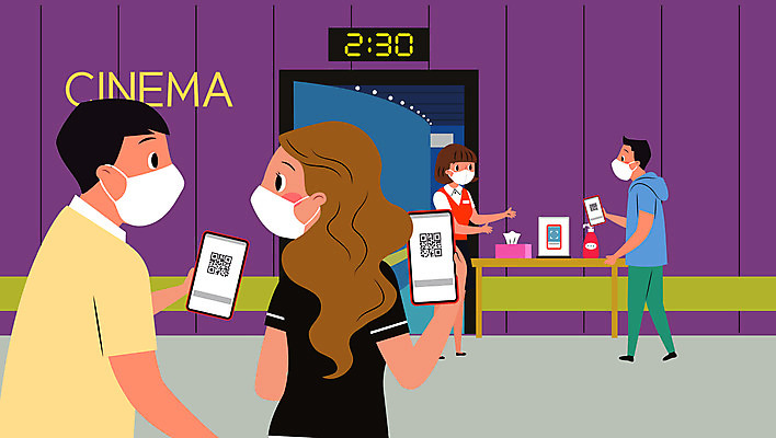 전신 여자 남자 일러스트 탁자 마스크 여러명 상반신 스마트폰 화장지 영화관 극장 사회이슈 QR코드 소독제 코로나바이러스 전자출입명부 델타변이바이러스 국내일러스트 AI파일 가구 다수 컨셉 사람 핸드폰 스마트기기 바이러스 개인정보 파일형식 벡터