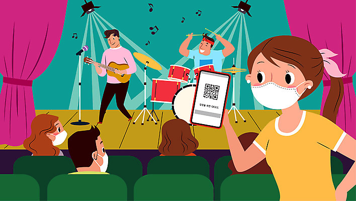 전신 여자 남자 음표 일러스트 조명 마스크 여러명 상반신 성인 스마트폰 기타 공연장 사회이슈 마이크 드럼 QR코드 코로나바이러스 전자출입명부 노마스크 델타변이바이러스 국내일러스트 AI파일 기호 음악 음향기기 다수 컨셉 현악기 타악기 사람 핸드폰 스마트기기 바이러스 극장 개인정보 파일형식 벡터