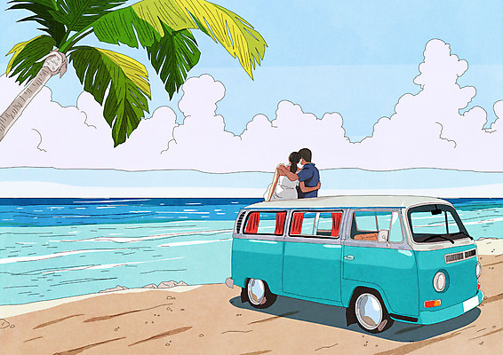 PSD 구름 커플 여자 남자 행복 바다 섬 여행 일러스트 상반신 성인 두명 여름 여름휴가 바캉스 야자수 즐거움 캠핑카 성인만 국내일러스트 자연요소 나무 계절 감정 관계 자동차 휴가 사람 파일형식 여름_계절