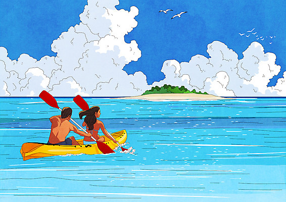 전신 PSD 구름 커플 여자 남자 행복 바다 섬 여행 일러스트 갈매기 성인 두명 여름 여름휴가 바캉스 즐거움 카약 성인만 국내일러스트 자연요소 계절 감정 관계 조류 휴가 사람 수상스포츠 파일형식 여름_계절