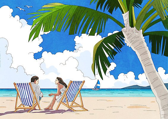 전신 PSD 커플 여자 남자 행복 바다 여행 일러스트 갈매기 성인 해변 두명 여름 여름휴가 바캉스 야자수 보트 즐거움 선베드 성인만 국내일러스트 나무 계절 감정 배_교통 의자 관계 조류 휴가 사람 파일형식 여름_계절