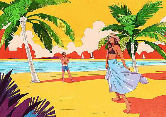 전신 PSD 구름 커플 여자 남자 행복 바다 여행 일러스트 성인 해변 두명 여름 여름휴가 바캉스 야자수 노을 즐거움 성인만 국내일러스트 자연요소 나무 계절 감정 관계 휴가 사람 파일형식 여름_계절