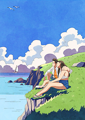 전신 PSD 구름 커플 여자 남자 행복 바다 여행 일러스트 갈매기 성인 두명 여름 여름휴가 바캉스 절벽 즐거움 성인만 국내일러스트 자연요소 계절 감정 관계 조류 휴가 사람 파일형식 여름_계절