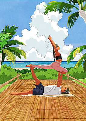 전신 PSD 커플 여자 남자 행복 바다 여행 일러스트 요가 성인 해변 두명 여름 여름휴가 바캉스 야자수 대나무 즐거움 성인만 커플요가 국내일러스트 나무 웰빙 계절 감정 관계 휴가 사람 파일형식 여름_계절