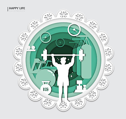 라이프스타일 행복 실루엣 시계 일러스트 프레임 한명 운동기구 아령 헬스장 원형 즐거움 청록색 국내일러스트 AI파일 도형 1 감정 컬러 촬영기법 사람 생활 헬스 파일형식 벡터