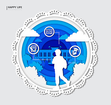 학생 라이프스타일 행복 실루엣 일러스트 졸업 학교 프레임 한명 파란색 원형 졸업장 즐거움 국내일러스트 AI파일 도형 1 교육 감정 컬러 촬영기법 사람 생활 파일형식 벡터