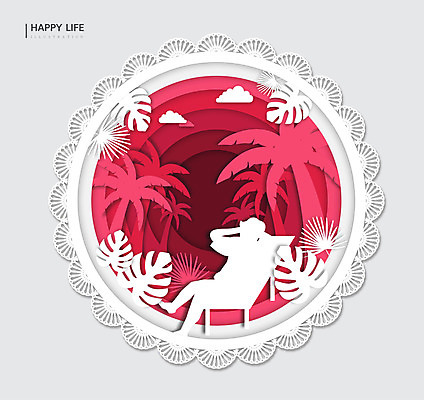 라이프스타일 행복 실루엣 분홍색 일러스트 프레임 한명 여름휴가 바캉스 야자수 원형 즐거움 휴양지 비치웨어 국내일러스트 AI파일 도형 나무 1 옷 감정 컬러 휴가 촬영기법 사람 생활 장소 파일형식 벡터 여름_계절