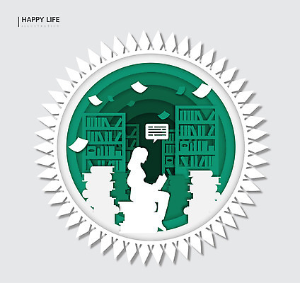 라이프스타일 행복 실루엣 종이 일러스트 책장 프레임 한명 책 초록색 원형 즐거움 국내일러스트 AI파일 도형 1 감정 컬러 가구 촬영기법 사람 생활 파일형식 벡터