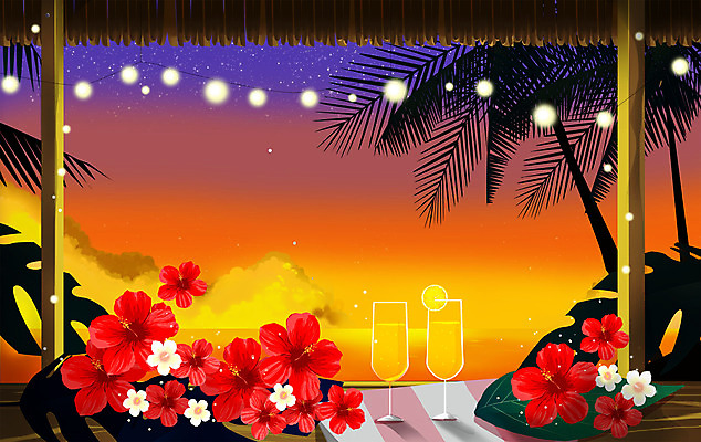 PSD 꽃 음료 일러스트 해변 사람없음 여름 여름휴가 바캉스 야자수 노을 주황색 일몰 여름풍경 휴양지 국내일러스트 자연요소 나무 식물 계절 바다 컬러 휴가 풍경 장소 파일형식 여름_계절