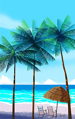 PSD 바다 일러스트 해변 사람없음 여름 파란색 여름휴가 바캉스 야자수 여름풍경 파라솔 오두막 선베드 국내일러스트 나무 계절 컬러 의자 휴가 풍경 파일형식 여름_계절