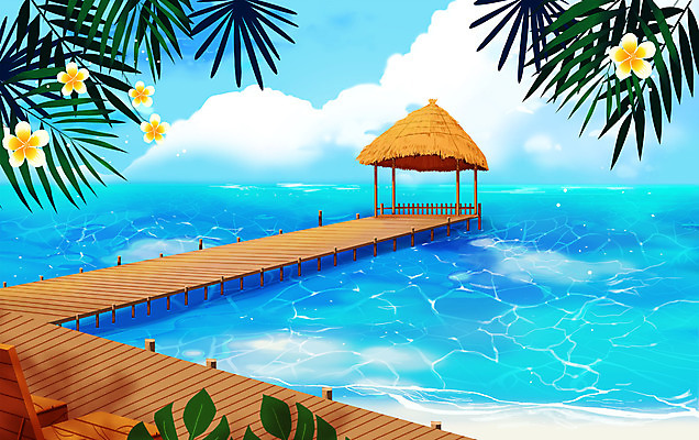 PSD 구름 꽃 물결 바다 일러스트 해변 사람없음 여름 파란색 여름휴가 바캉스 야자수 여름풍경 가교 국내일러스트 자연요소 나무 식물 건축물 계절 컬러 휴가 풍경 파일형식 여름_계절
