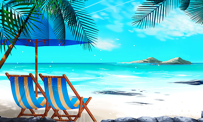 PSD 바다 의자 일러스트 해변 사람없음 여름 파란색 여름휴가 바캉스 야자수 여름풍경 파라솔 선베드 국내일러스트 나무 계절 컬러 가구 휴가 풍경 파일형식 여름_계절