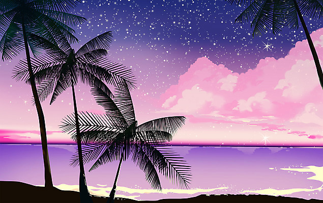 PSD 구름 별 바다 일러스트 해변 사람없음 여름 여름휴가 바캉스 야자수 보라색 여름풍경 야간 국내일러스트 자연요소 나무 계절 컬러 휴가 풍경 파일형식 여름_계절