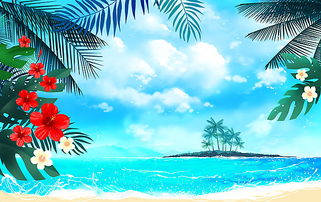 PSD 구름 꽃 바다 일러스트 하늘 해변 사람없음 여름 파란색 여름휴가 바캉스 야자수 여름풍경 국내일러스트 자연요소 나무 식물 계절 컬러 휴가 풍경 파일형식 여름_계절