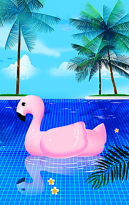 PSD 꽃 일러스트 수영장 사람없음 여름 파란색 여름휴가 바캉스 야자수 여름풍경 플라밍고 튜브 플라밍고튜브 국내일러스트 나무 식물 계절 컬러 조류 휴가 풍경 파일형식 여름_계절