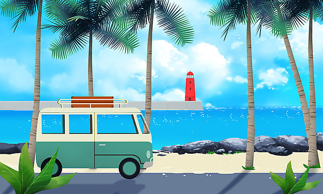 PSD 일러스트 등대 해변 사람없음 여름 파란색 여름휴가 바캉스 야자수 여름풍경 해안도로 캠핑카 국내일러스트 나무 계절 도로 바다 컬러 자동차 휴가 풍경 파일형식 여름_계절
