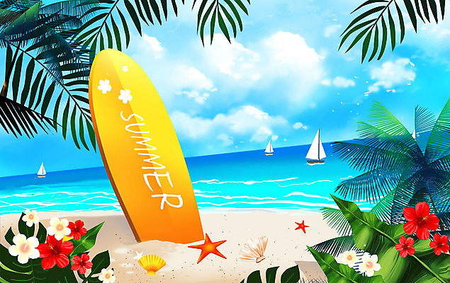 PSD 꽃 바다 일러스트 해변 사람없음 여름 파란색 여름휴가 바캉스 여름풍경 서핑보드 야자수잎 국내일러스트 식물 계절 컬러 잎 휴가 풍경 보드_스포츠 파일형식 여름_계절