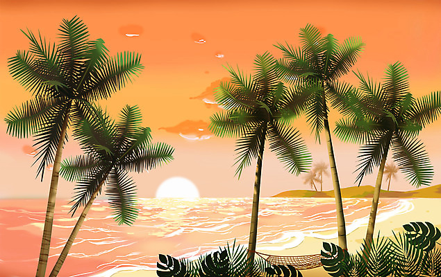 PSD 바다 일러스트 해변 사람없음 여름 여름휴가 바캉스 야자수 노을 주황색 일몰 여름풍경 국내일러스트 자연요소 나무 계절 컬러 휴가 풍경 파일형식 여름_계절