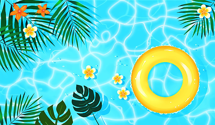 PSD 꽃 물결 하늘색 일러스트 수영장 사람없음 여름 여름휴가 바캉스 여름풍경 튜브 야자수잎 국내일러스트 식물 계절 잎 휴가 풍경 파란색 파일형식 여름_계절