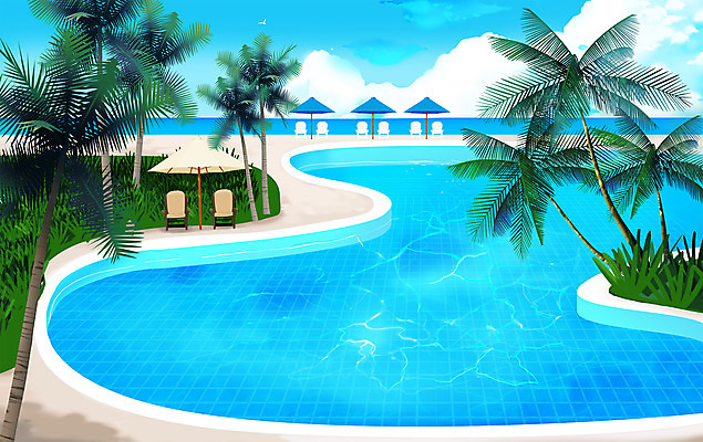 PSD 하늘색 일러스트 수영장 사람없음 여름 여름휴가 바캉스 야자수 여름풍경 국내일러스트 나무 계절 휴가 풍경 파란색 파일형식 여름_계절