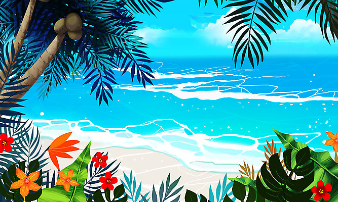 PSD 꽃 물결 바다 하늘색 일러스트 해변 사람없음 여름 여름휴가 바캉스 야자수 여름풍경 국내일러스트 나무 식물 계절 휴가 풍경 파란색 파일형식 여름_계절
