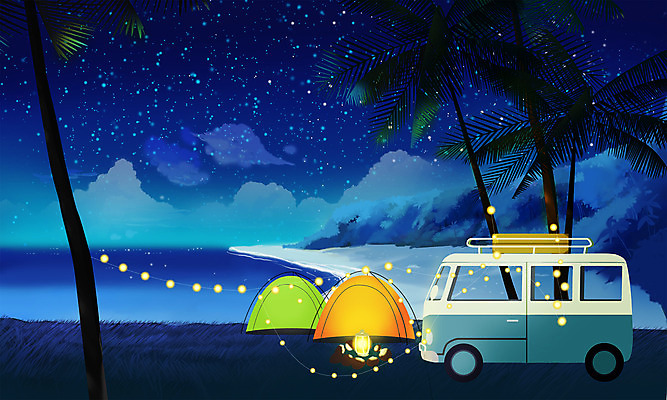 PSD 바다 일러스트 텐트 사람없음 여름 파란색 여름휴가 바캉스 야자수 여름풍경 야간 캠핑카 밤바다 국내일러스트 자연요소 나무 계절 컬러 자동차 휴가 캠핑도구 풍경 파일형식 여름_계절