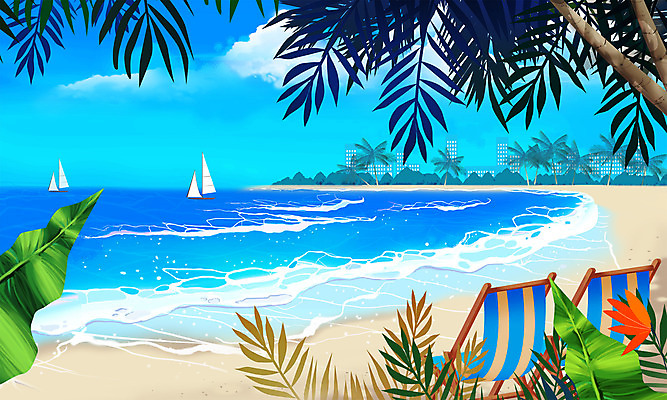 PSD 일러스트 해변 사람없음 여름 파란색 여름휴가 바캉스 야자수 여름풍경 보트 선베드 국내일러스트 나무 계절 바다 컬러 배_교통 의자 휴가 풍경 파일형식 여름_계절