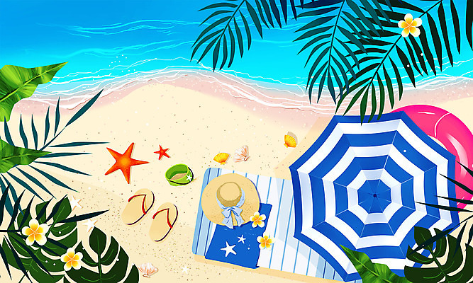 PSD 모자 바다 일러스트 해변 사람없음 여름 파란색 여름휴가 바캉스 야자수 여름풍경 파라솔 야자수잎 국내일러스트 나무 잡화 계절 컬러 잎 휴가 풍경 파일형식 여름_계절