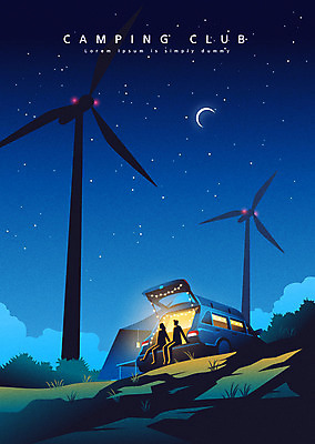 전신 커플 여자 남자 별 야경 일러스트 자동차 하늘 조명 산 두명 캠핑 풍력에너지 풍력발전소 차박 국내일러스트 AI파일 자연요소 육상교통 관계 레저 사람 발전소 그린에너지 야간 파일형식 벡터 풍경_경치