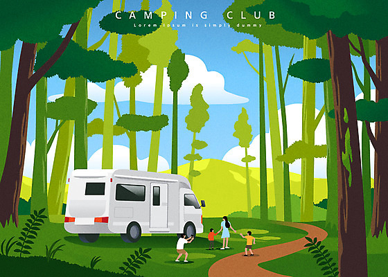 나무 여자 남자 어린이 일러스트 가족 자연 여러명 성인 캠핑 숲 캠핑카 차박 국내일러스트 AI파일 식물 다수 관계 자동차 레저 사람 생태계 파일형식 벡터