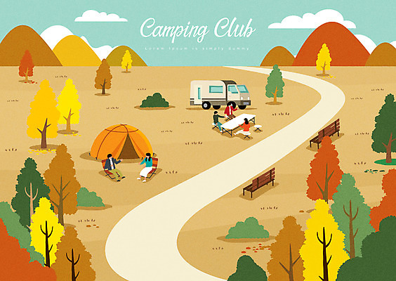전신 나무 여자 남자 단풍 벤치 일러스트 자연 단풍나무 텐트 여러명 성인 캠핑 가을 숲 캠핑장 캠핑카 국내일러스트 AI파일 식물 계절 다수 잎 의자 자동차 레저 캠핑도구 사람 생태계 파일형식 벡터