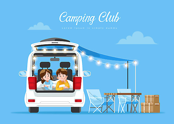 커플 여자 남자 일러스트 자동차 텐트 상반신 성인 두명 파란색 캠핑 성인만 차박 캠핑의자 국내일러스트 AI파일 육상교통 컬러 의자 관계 레저 캠핑도구 사람 파일형식 벡터