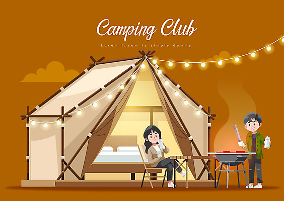 전신 커플 여자 남자 일러스트 성인 두명 갈색 캠핑 바비큐 성인만 글램핑 국내일러스트 AI파일 음식 컬러 관계 레저 사람 파일형식 벡터