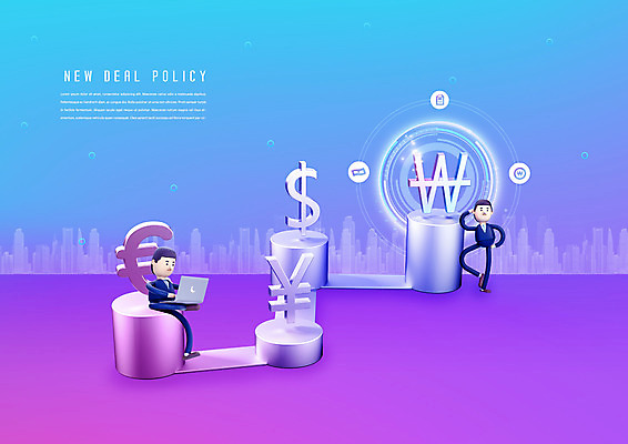 PSD 편집이미지 캐릭터 남자 산업 두명 경제 파란색 달러 금속 보라색 유로 원화 화폐기호 엔 불황 정부 정책 뉴딜정책 이미지편집 기호 컬러 돈 재질 사람 화폐 파일형식