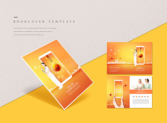 PSD 템플릿 표지디자인 북디자인 손 출판디자인 여자 표지 노년 남자 ZIP 내지 리플렛 북커버 의학 기술 병원 주사기 팜플렛 성인 신체부위 스마트폰 주황색 한국인 의사 60대 디지털치료제 이미지템플릿 컬러 의료기기 사람 동양인 핸드폰 스마트기기 의료진 파일형식
