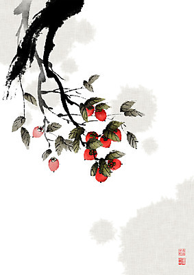 PSD 나무 열매 잎 일러스트 캘리그라피 붓터치 감 사람없음 빨간색 추석 가을 동양화 한지 감나무 번짐 낙관 국내일러스트 식물 계절 명절 종이 컬러 과일 미술 파일형식 효과