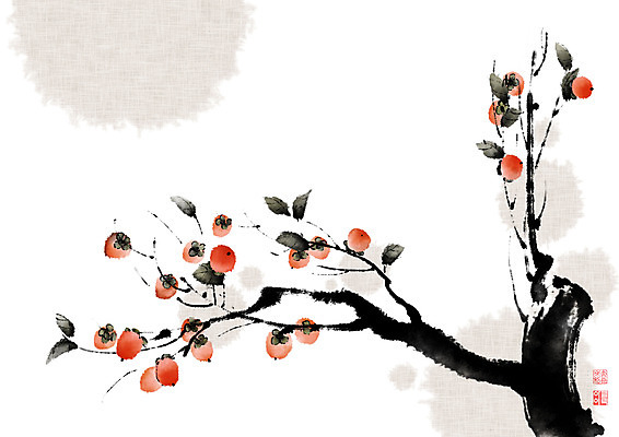 PSD 나무 열매 잎 일러스트 캘리그라피 붓터치 감 사람없음 추석 가을 동양화 한지 감나무 번짐 낙관 국내일러스트 식물 계절 명절 종이 과일 미술 파일형식 효과