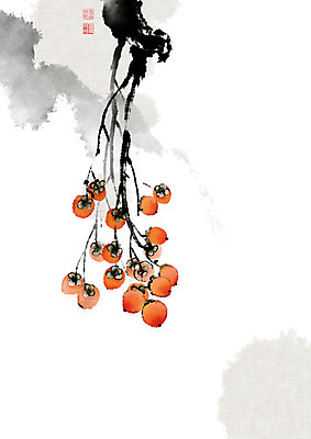 PSD 나무 열매 잎 일러스트 캘리그라피 붓터치 산 감 사람없음 추석 가을 동양화 한지 감나무 번짐 낙관 국내일러스트 식물 계절 명절 종이 과일 미술 파일형식 효과