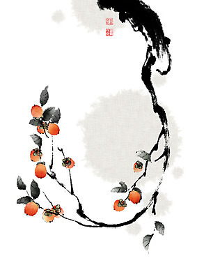 PSD 나무 열매 잎 일러스트 캘리그라피 붓터치 감 사람없음 추석 가을 동양화 한지 감나무 번짐 낙관 국내일러스트 식물 계절 명절 종이 과일 미술 파일형식 효과