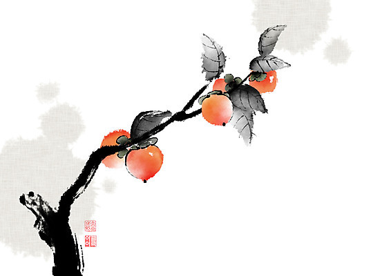 PSD 나무 열매 잎 일러스트 캘리그라피 붓터치 감 사람없음 추석 가을 동양화 한지 감나무 번짐 낙관 국내일러스트 식물 계절 명절 종이 과일 미술 파일형식 효과