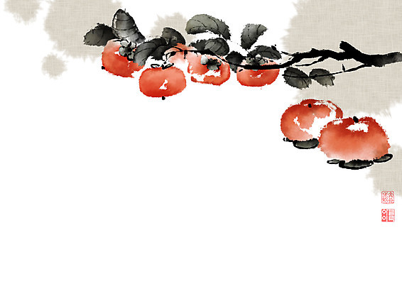 PSD 나무 열매 잎 일러스트 캘리그라피 붓터치 감 사람없음 추석 가을 동양화 한지 감나무 번짐 낙관 국내일러스트 식물 계절 명절 종이 과일 미술 파일형식 효과