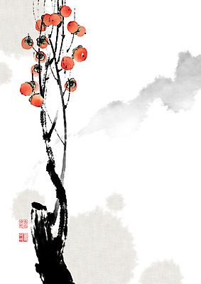 PSD 나무 열매 잎 일러스트 캘리그라피 붓터치 산 감 사람없음 추석 가을 동양화 한지 감나무 번짐 낙관 국내일러스트 식물 계절 명절 종이 과일 미술 파일형식 효과